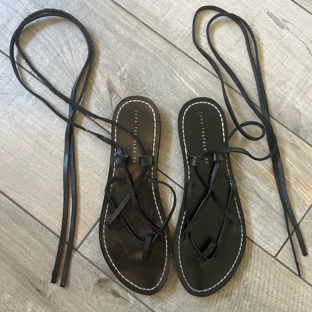 Zara Black Leather Lace-Up Sandals
